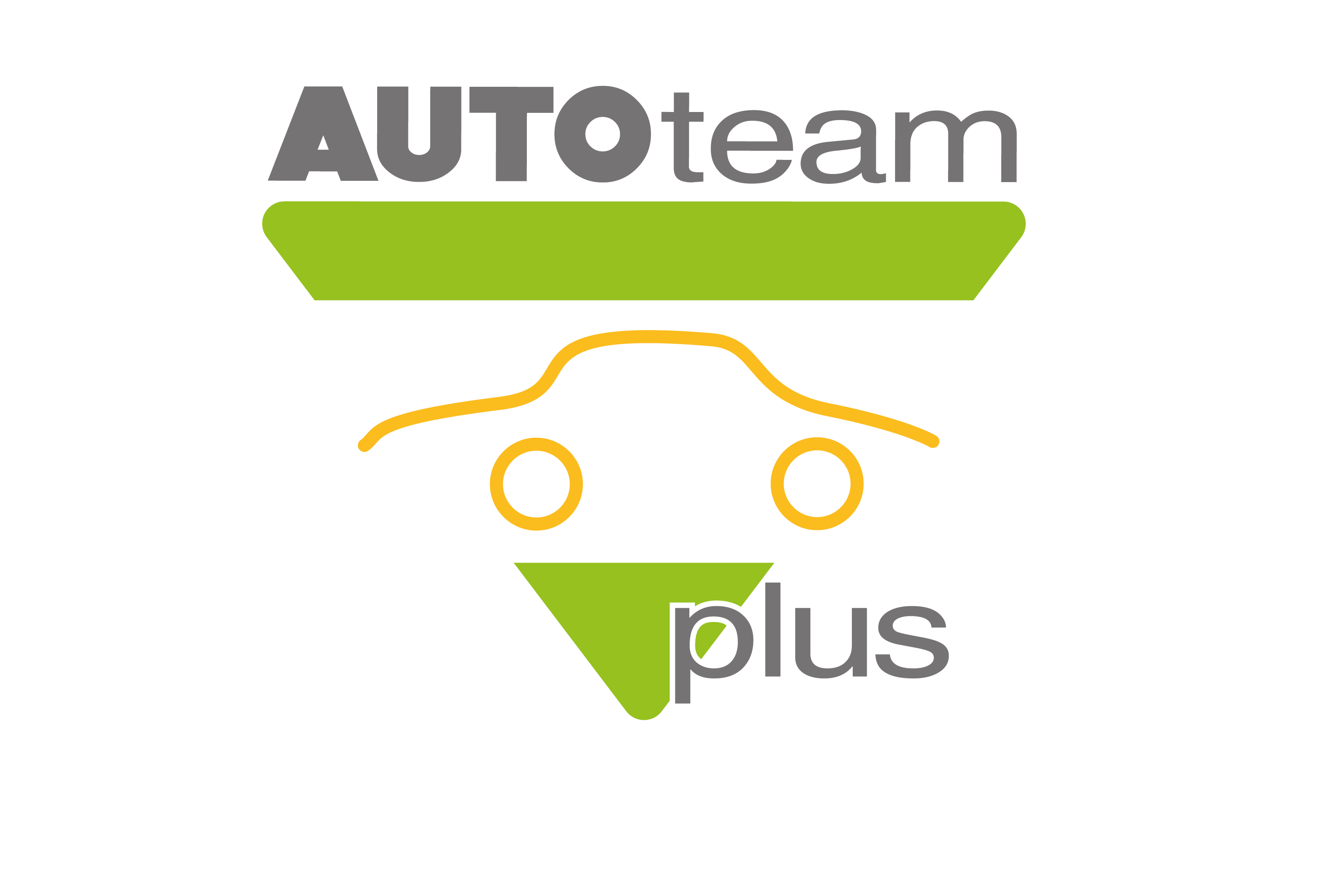 Das Bild zeigt das AUTOteam plus Logo in Form eines weißen, nach unten zeigenden Dreiecks mit grünem und gelbem Designelement sowie einer stilisierten Auto-Silhouette.